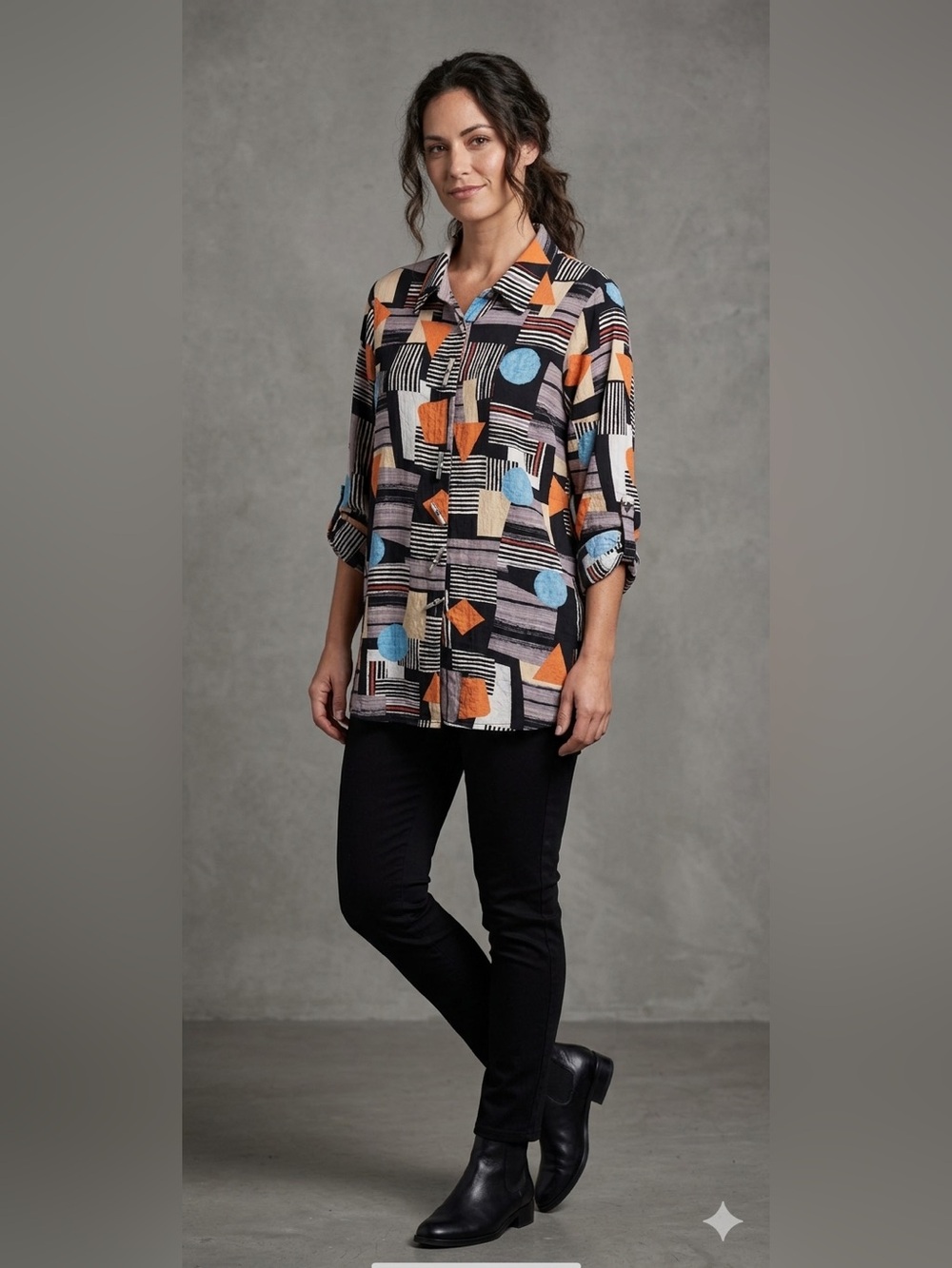 Ali Miles Womens Abstract Geometric Toggle Button Tunic Y2k Back Zip Or/Blue M